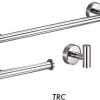 Rounded towel bar set in Brushed Nickel finish, complete with robe hook, towel bar, and toilet paper holder