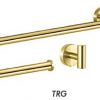 Rounded towel bar set in Gold finish, featuring a robe hook, towel bar, and toilet paper holder