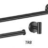 Rounded towel bar set in Matte Black finish with robe hook, towel bar, and toilet paper holder