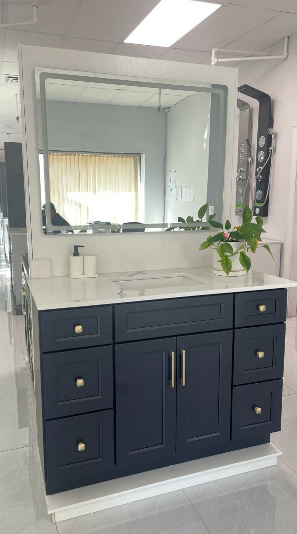 LED mirror Toronto installed above navy blue bathroom vanity — Supply Toronto