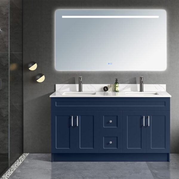 Modern bathroom vanity in Toronto with a quartz countertop and LED mirror
