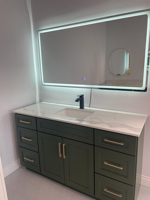 Twilight green bathroom vanity with LED mirror and drawer storage by Supply Toronto