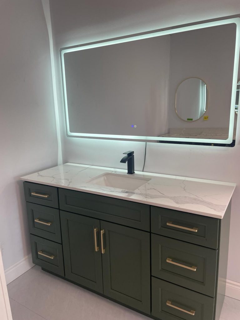 Twilight green bathroom vanity with LED mirror and drawer storage by Supply Toronto