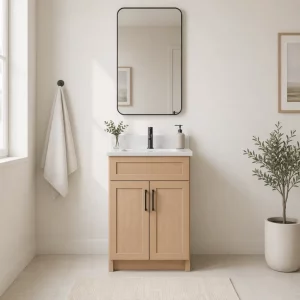 30 inch Light Oak Veneer Bathroom Vanity with white stone countertop Mississauga