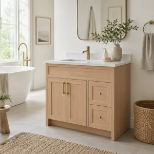 30 inch Single door Light Oak Veneer Bathroom Vanity with white stone countertop Newmarket