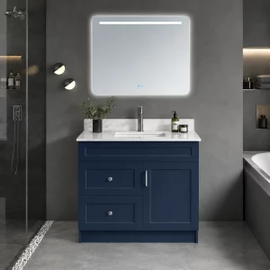 30 inch single door Prussian blue bathroom vanity in Maple by Supply Toronto