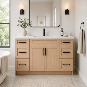 54 inch Light Oak Veneer Bathroom Vanity with white stone countertop Markham