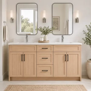 60 inch Double sink Light Oak Veneer Bathroom Vanity with white stone countertop GTA