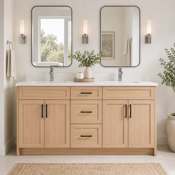 72 inch Double Sink Light Oak Veneer Bathroom Vanity with white stone countertop Ontario