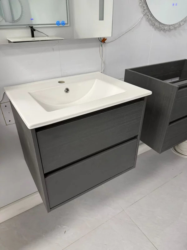 charcoal slate wall mounted bathroom vanity with ceramic basin at Supply Toronto showroom in Vaughan